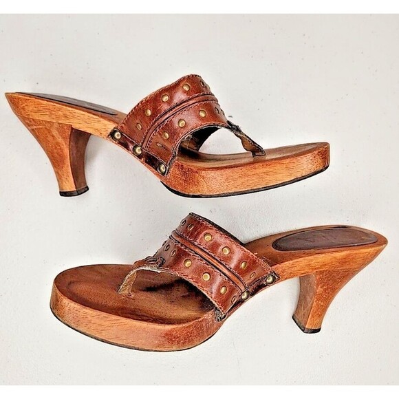 Vintage 90s y2k Bratz MIA Brown Leather Wood Sole Slides Heeled Sandals 7 EUC - Picture 6 of 8
